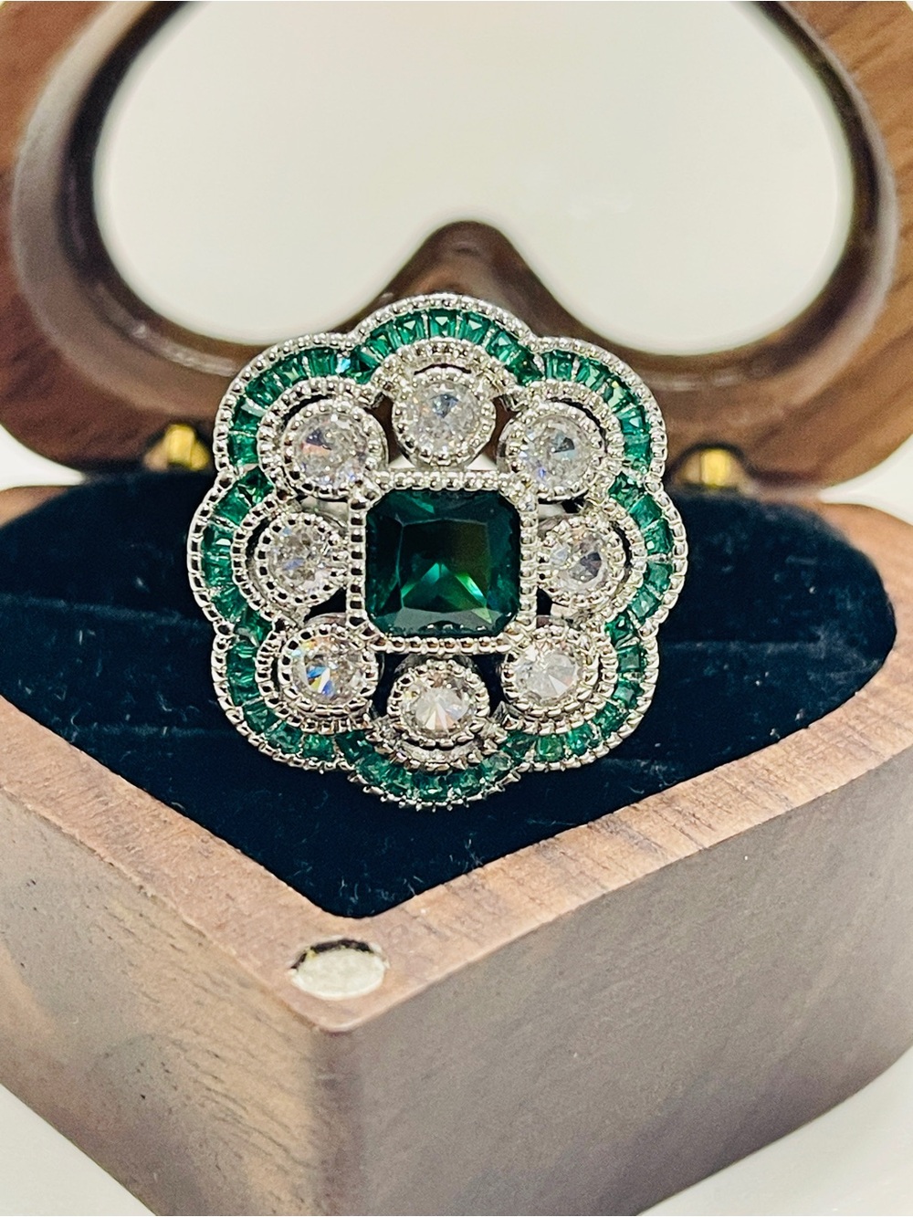 Art deco Emerald Green Floral Halo Statement Ring